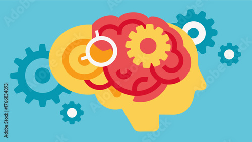 A brain with gears and cogs representing the complex process of recalling memories and the importance of strengthening these connections through recall sessions.. Vector illustration