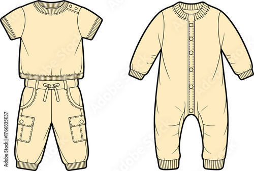 Baby and toddler clothing vector set, casual outfit and romper, fashion flat sketch, sewing pattern, CAD drawing flat vector illustration