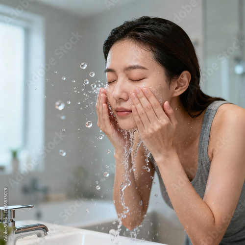 Young Asian woman washing her face with water in a bathroom