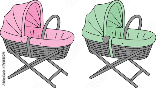 Baby bassinets with pink and green canopy, woven basket design, childcare gear vector sketch, cad 