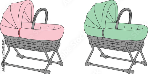 Baby bassinet vector set with woven basket and canopy, pink and green padded design, CAD drawing flat vector illustration