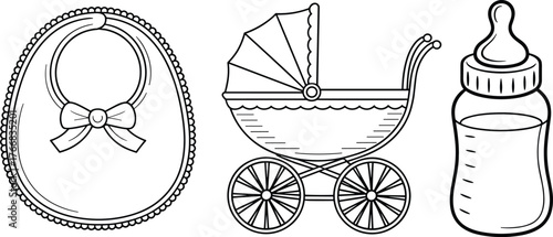 Baby bib, vintage stroller, and bottle line art for infant care, parenting design, nursery elements, cad drawing flat vector illustration