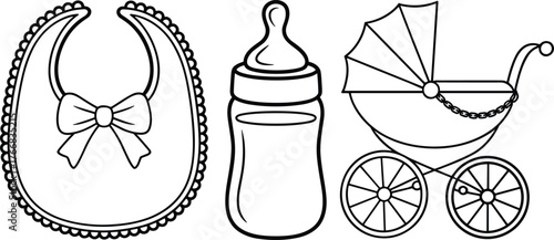 Baby bib, feeding bottle, vintage stroller, infant care essentials, childcare vector sketch, parenting items, cad drawing flat vector illustration