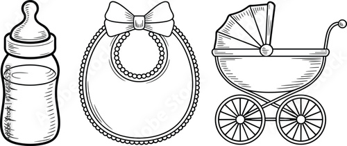 Baby bottle, bib and vintage stroller vector set, monochrome sketch for infant care, parenting design, CAD drawing flat vector illustration