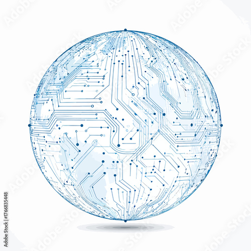 Abstract Blue Circuit Board Sphere with Interconnected Electronic Traces and Dots Global Technology Concept.