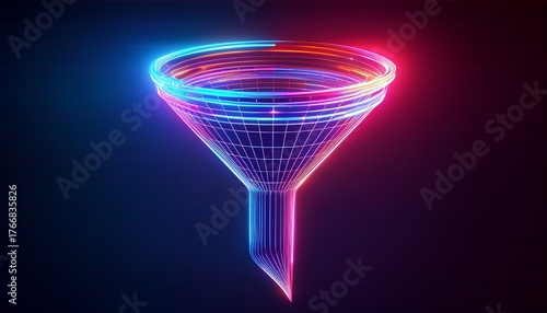 vibrant glowing funnel with neon pink red and blue rings in 3d digital style on dark modern background futuristic sales and analytics technology concept
