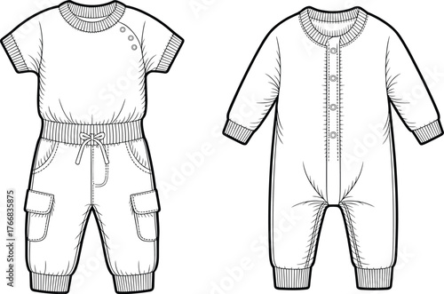 Baby jumpsuit technical sketch, toddler romper fashion flat, kids apparel design, vector template, garment construction, cad drawing flat vector illustration