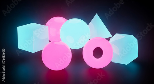 Abstract glowing geometric shapes including spheres cones and ovals in vibrant neon pink and cyan light against a dark background