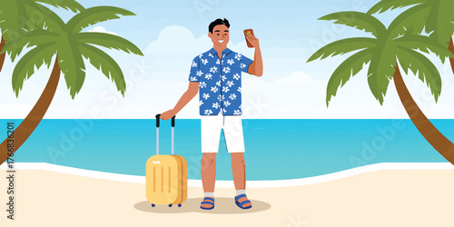 Cheerful Young Man Enjoying a Tropical Beach Vacation with Phone and Suitcase