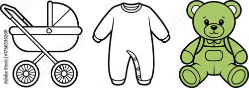 Baby stroller, infant onesie, green teddy bear in overalls, childcare essentials vector sketch, parenting gear, cad drawing flat vector