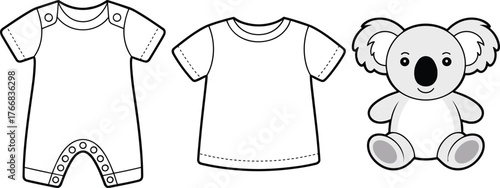 Baby romper, t-shirt and stuffed koala toy vector set, monochrome fashion sketch for kids apparel, CAD drawing flat vector illustration