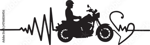 Black silhouette of motorcycle rider and heartbeat line