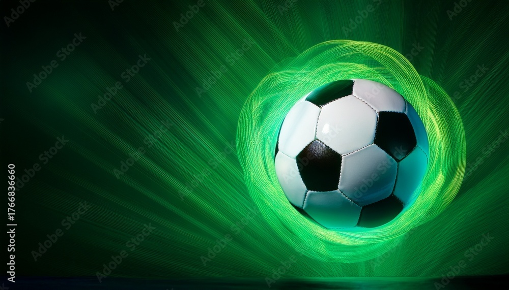 Naklejka premium soccer ball on a glowing green background room for copy