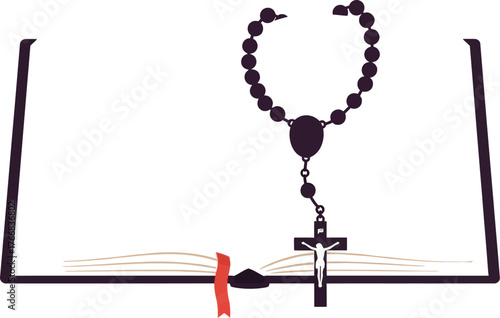 Vector art of open bible with rosary for religious concept