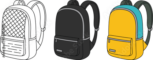 Backpack vector set with line art, black and colorful styles, product design sketch for fashion gear, CAD drawing flat vector illustration