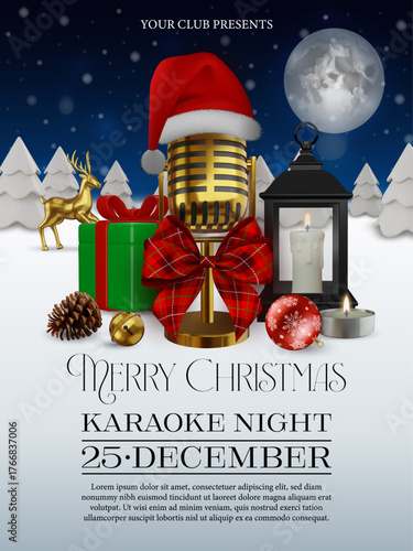 christmas karaoke flyer  with golden vintage mic with tartan bow and santa claus hat on winter landscape. christmas karaoke poster with gold mic, candles, gift boxes and decorations