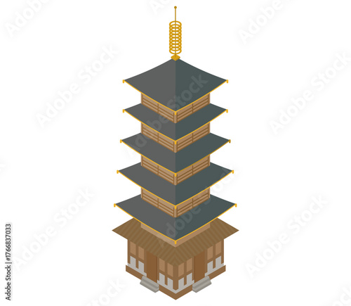 奈良県斑鳩市の法隆寺のアイソメトリックイラスト（世界最古の木造建築・ユネスコ世界遺産）