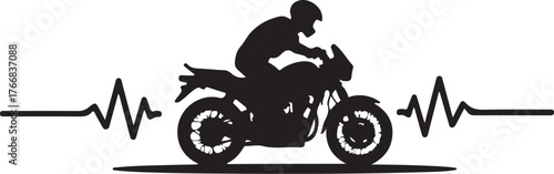 Black silhouette of motorcyclist and heartbeat line