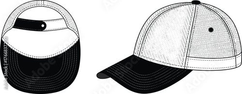 Baseball cap rear and side view vector set, adjustable strap and stitching detail, fashion accessory CAD drawing flat vector illustration