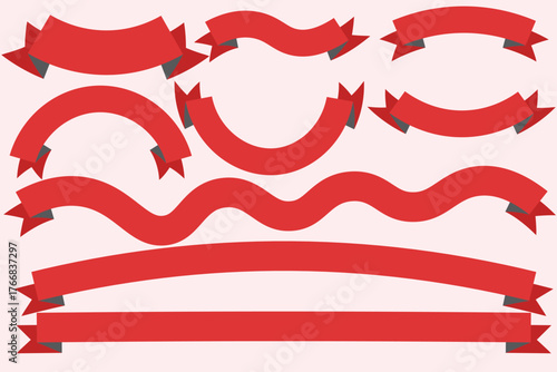 Red ribbon banner collection with various curved, straight, and wavy shapes on light background. Perfect for vintage labels, decorative frames, web headers, and graphic design projects.