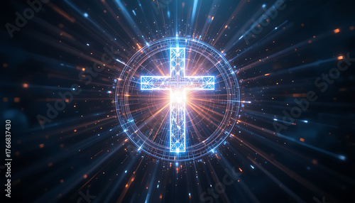 Futuristic Digital Cross Icon Radiating Light and Energy with Glowing Effects