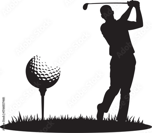 Golfer swinging at golf ball on tee with dimples vector