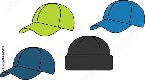 Baseball caps and black beanie, headwear style comparison, colorful fashion accessories vector sketch, cad drawing flat vector illustration