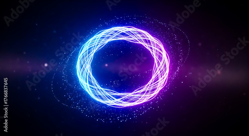 Glowing abstract oval portal of vibrant blue and pink light energy with particles on a dark background