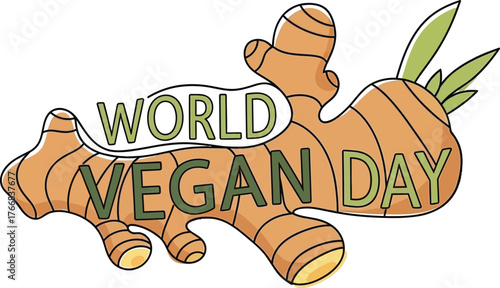 Vector art of ginger root with world vegan day text, illustration art on