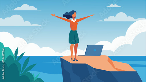 A woman standing on a cliff arms spread wide as she takes a break from working on her laptop and breathes in the salty ocean air.. Vector illustration