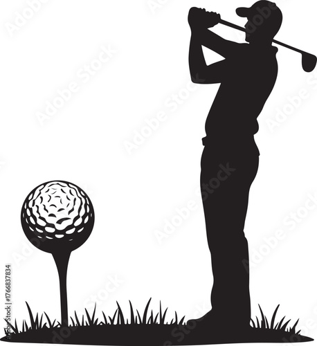 Silhouette of a golfer swinging a club at a golf ball on a tee