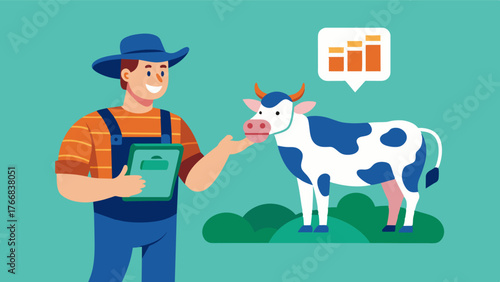 A farmer receiving a notification from their AIpowered livestock health monitoring system about a cow experiencing a sudden drop in milk production allowing them to take quick. Vector illustration