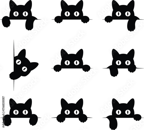 Black cats peeking over white background curious playful