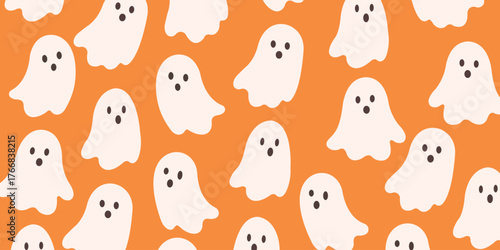 Cute White Ghost Halloween Seamless Pattern on Orange Background