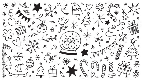 Festive Christmas doodles hand-drawn illustration elements perfect for holiday cards and seasonal designs