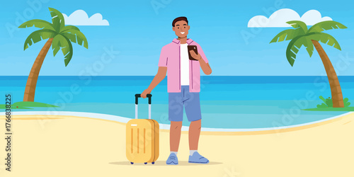 Man with Suitcase on Tropical Beach Holding a Smartphone