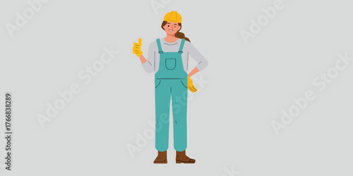 Confident Female Construction Worker in Overalls Giving Thumbs Up Illustration