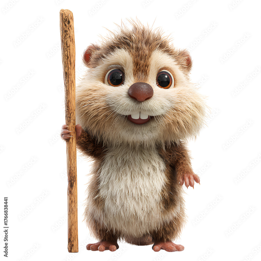 Fototapeta premium 11 - Cute Cartoon Beaver Character Holding a Stick and Smiling, 3D Illustration Style, Isolated on Transparent Background