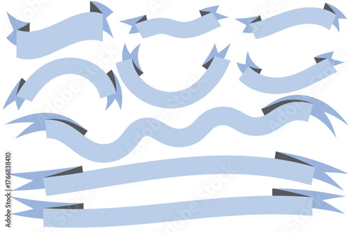 Set of light blue ribbon banners in various curved and straight shapes for decoration, labels, or text design. Elegant vector collection ideal for graphic projects, invitations, and branding.