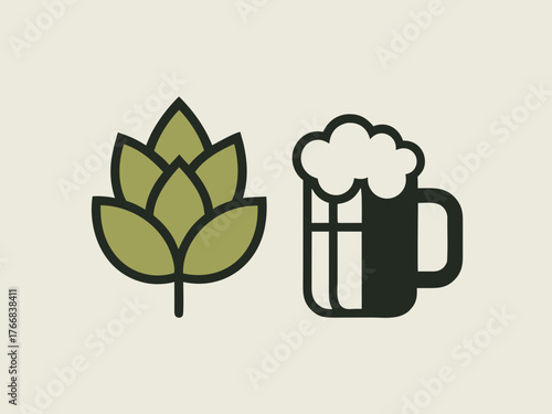 Stylized beer hop and full beer mug illustration on a light background design