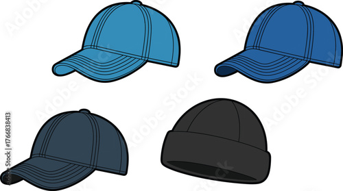 Four hat styles including baseball caps and beanie in blue and black tones, fashion accessory sketch, cad drawing flat vector illustration