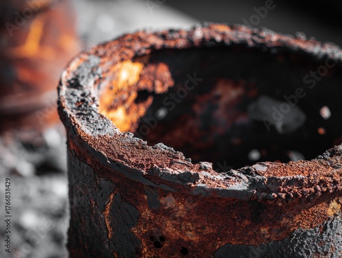 Close-Up of a Rusted Metal Barrel Melted and Warped by Intense Heat
