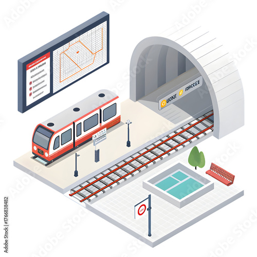 Isometric Pixel Art Subway Station Scene with Train and Map on transparent background