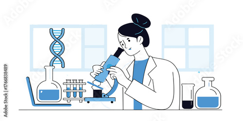 Female scientist working in a laboratory doing genetics research with a microscope