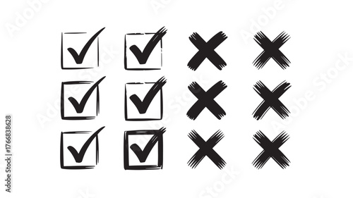Check mark and cross icons hand drawn illustration for approval and rejection isolated on white background