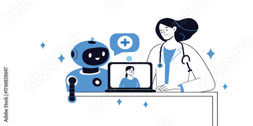 Doctor and Robot Discussing Medical Data on Laptop Screen