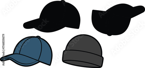 Hat vector set with baseball caps and beanie, silhouette and color styles for fashion design, CAD drawing flat vector illustration