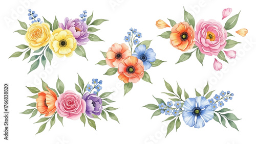 Beautiful Watercolor Floral Arrangements with Various Flowers and Green Leaves