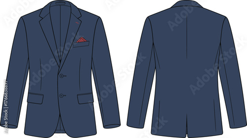 Men’s blazer front and back technical sketch, tailored jacket with pocket square, fashion design template, CAD drawing flat vector illustration