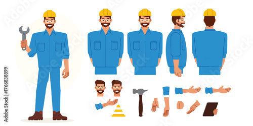 Construction worker illustration with tools, character turnaround
